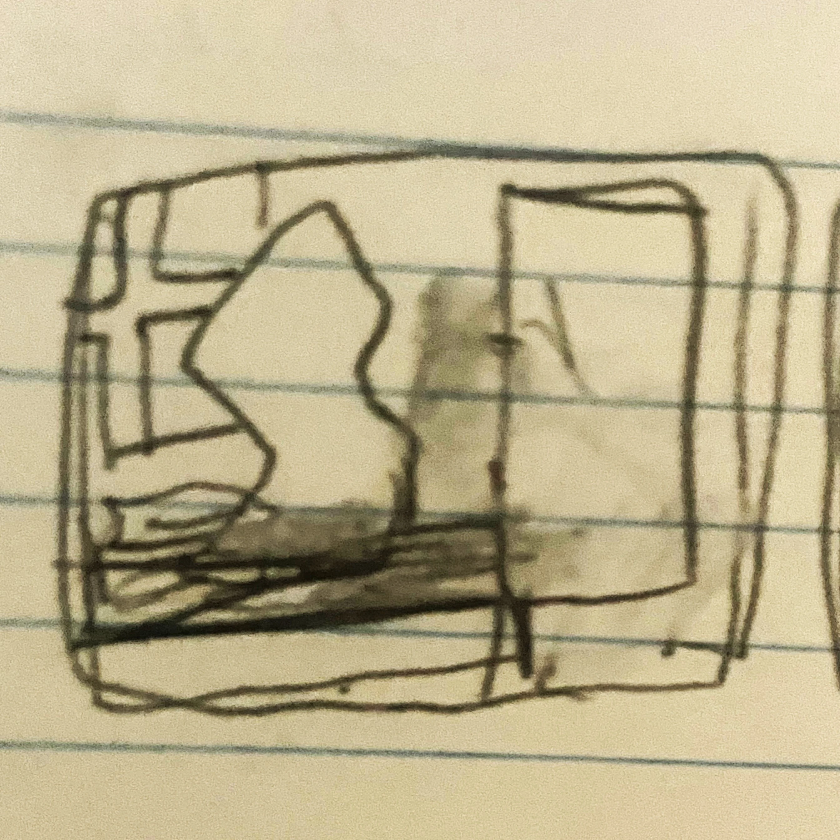 a small sketch of a an abstract sculpture of a figure on a table alongside a window and a mirror