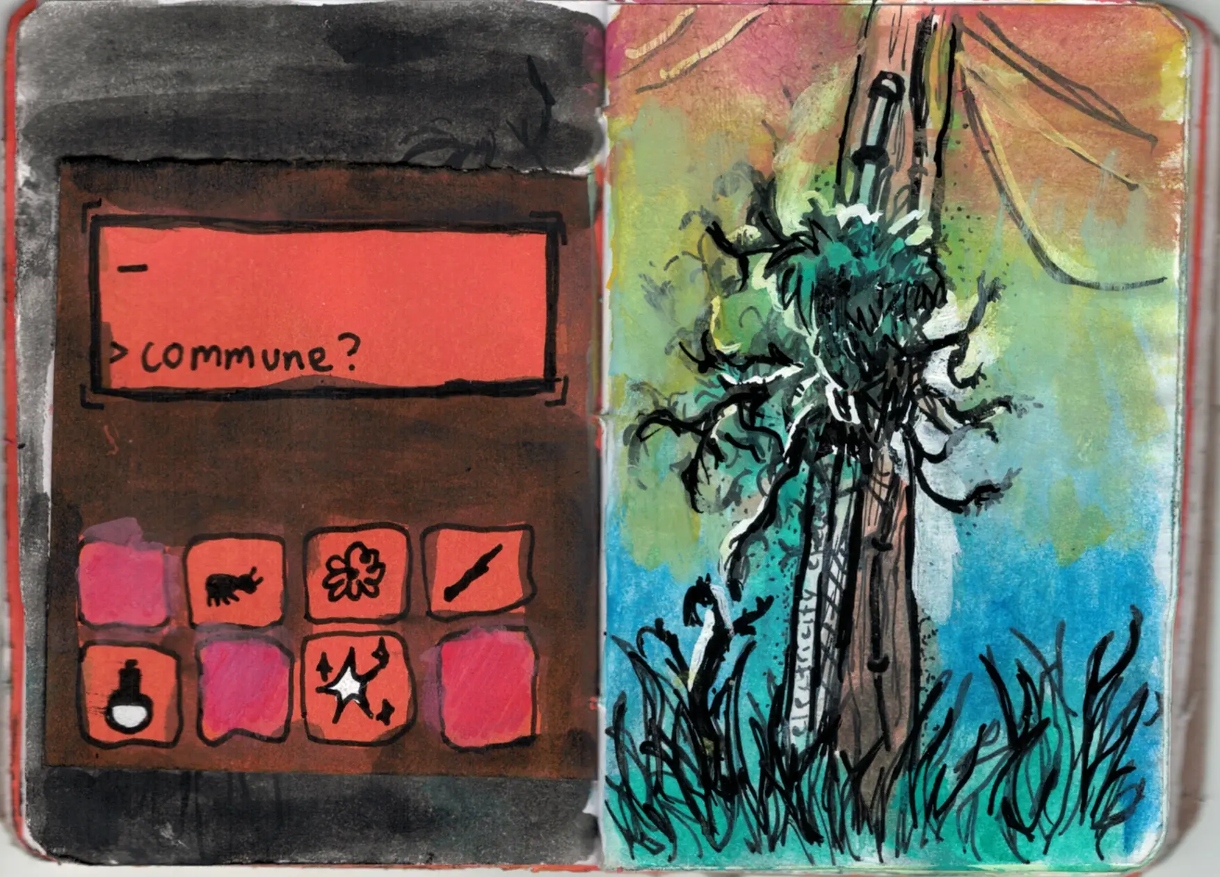 a watercolour and ink pen illustration of an invasive grass growing from a post. on the left of the illustration are some orange panels. in the panels are small objects. one of the panels says: 'commune?'