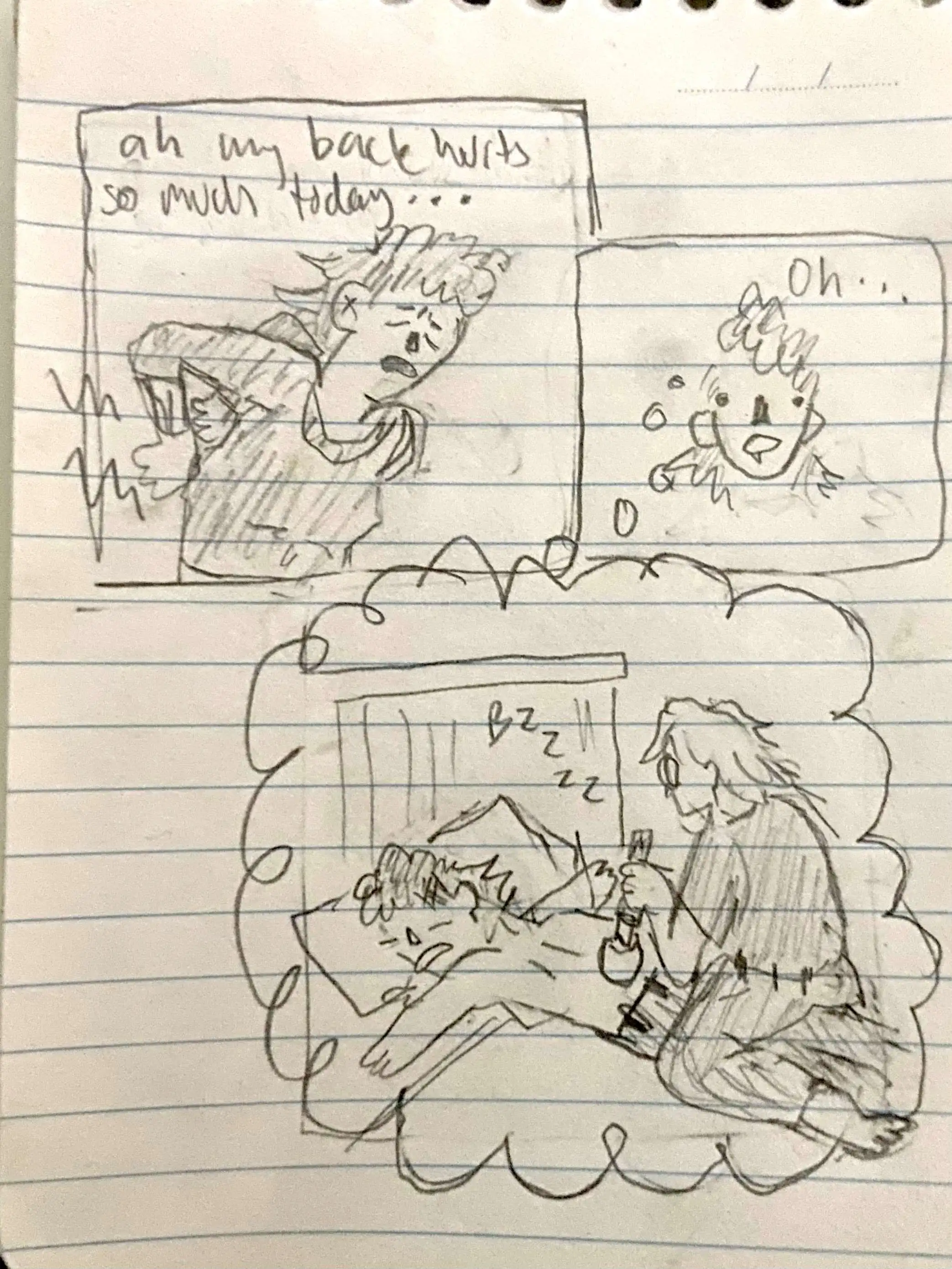 a small comic sketch in three panels. It shows Lucah's back pain being relieved by a massage wand/vibrator